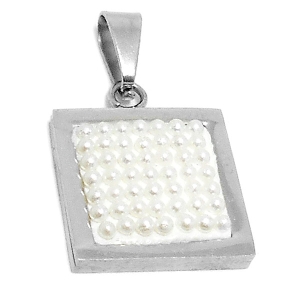 Dije cuadro con microperlas blancas de acero quirúrgico