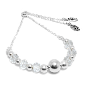 Pulsera de Plata 925 ajustable con piedras trasparentes, bolitas y dije mano de Fátima