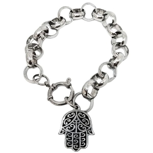 Pulsera rolo 12mm x 21cm con cierre marinero y Dije Mano de Fatima con esmalte negro Alt: 24mm de acero quirúrgico