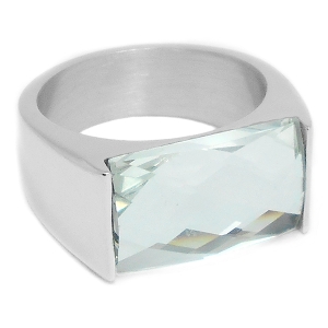 Anillo con cristal facetado rectangular transparente de acero quirúrgico