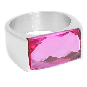 Anillo con cristal facetado rectangular rosa de acero quirúrgico
