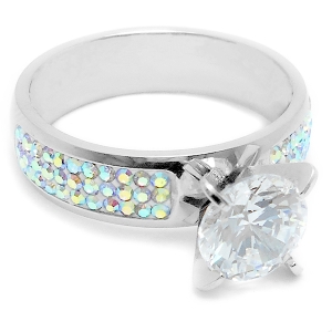 Anillo solitario con cubics tornasol de acero quirúrgico