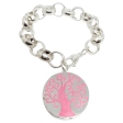 Pulsera Rolo 14mm x 21cm con Dije inflado árbol de la vida esmalte rosa Alt: 34mm de acero blanco