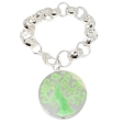 Pulsera Rolo 14mm x 21cm con Dije inflado árbol de la vida esmalte verde Alt: 34mm de acero blanco